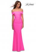 Picture of: Long Off the Shoulder Ruched Neon Jersey Dress in Pink, Style: 30421, Detail Picture 4
