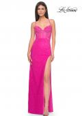 Picture of: Rhinestone Net Prom Dress with High Slit and Bustier Top in Hot Pink, Style: 32328, Detail Picture 5
