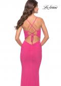 Picture of: Net Jersey Gown with Jeweled Detail in Deep V Neckline in Neon in Hot Pink, Style: 31424, Detail Picture 6