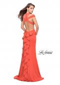 Picture of: Long Jersey Prom Dress with Ruffle Detail and Slit in Hot Coral, Style: 25971, Main Picture