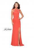 Picture of: Long Jersey Prom Dress with Ruffle Detail and Slit in Hot Coral, Style: 25971, Back Picture