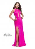 Picture of: Satin Prom Gown with High Neck and Side Cut Outs in Hot Pink, Style: 26005, Main Picture