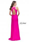 Picture of: Satin Prom Gown with High Neck and Side Cut Outs in Hot Pink, Style: 26005, Back Picture