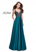 Picture of: Long Satin Dress with A Line Skirt and Beaded Top in Hunter Green, Style: 25348, Detail Picture 1