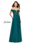 Picture of: Chiffon Prom Dress with Off the Shoulder Lace Top in Hunter Green, Style: 25129, Detail Picture 2