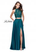 Picture of: Two piece gown with lace up top and satin A line skirt in Hunter Green, Style: 25263, Detail Picture 2