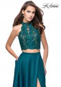 Picture of: Two piece gown with lace up top and satin A line skirt in Hunter Green, Style: 25263, Detail Picture 5