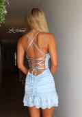 Picture of: Satin Ruffle Hem Lace-Up Mini Dress in Ice Blue, Style 34149, Detail Picture 3