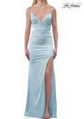 Picture of: Fitted Satin Gown with Plunging Neckline and Strappy Back in Ice Blue, Style: 33423, Detail Picture 15