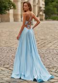 Picture of: A-Line Satin Gown with Draped Bodice, Slit, and Lace-Up Back in Ice Blue, Style: 33373, Back Picture