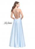 Picture of: Long High Neck Satin Gown with Beaded Strappy Back in Ice Blue, Style: 26269, Back Picture