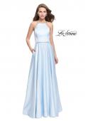 Picture of: Long High Neck Satin Gown with Beaded Strappy Back in Ice Blue, Style: 26269, Detail Picture 1