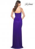 Picture of: Bustier Net Jersey Prom Dress with Ruching and High Slit in Indigo, Style: 32161, Detail Picture 7