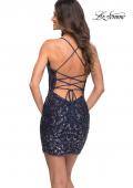Picture of: Print Sequin Short Dress with Open Lace Up Back in Indigo, Back Picture