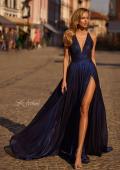Picture of: A-line Metallic Net Jersey Halter Gown with High Slit in Indigo , Style 32917, Main Picture