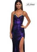 Picture of: Long Metallic Prom Dress with Ruching and Rhinestone Draped Neckline in Indigo, Style: 33032, Detail Picture 9