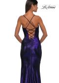 Picture of: Long Metallic Prom Dress with Ruching and Rhinestone Draped Neckline in Indigo, Style: 33032, Detail Picture 10