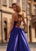 Picture of: A-Line Satin Gown with Draped Bodice, Slit, and Lace-Up Back in Indigo, Style: 33373, Detail Picture 10