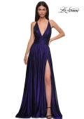 Picture of: A-line Metallic Net Jersey Halter Gown with High Slit in Indigo , Style 32917, Detail Picture 11