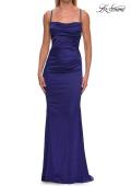 Picture of: Straight Neck Satin Gown with Lace-Up Back in Indigo, Style: 33604, Detail Picture 15