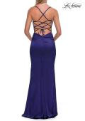 Picture of: Straight Neck Satin Gown with Lace-Up Back in Indigo, Style: 33604, Detail Picture 16
