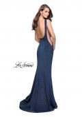 Picture of: Long Form Fitting Jersey Prom Dress with Flare Skirt in Indigo, Style: 25421, Back Picture