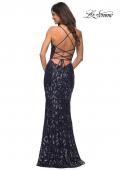 Picture of: Unique Print Sequin Gown with Open Lace Up Back in Indigo, Back Picture