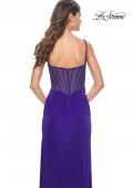 Picture of: Ruched Net Jersey Dress with Bustier Top and Illusion Back in Indigo, Style: 32212, Back Picture
