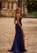 Picture of: Strapless Chic Metallic Jersey Dress with Draped Slit in Indigo , Style 32830, Back Picture
