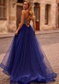 Picture of: A-line Tulle Gown with Draped Mesh Rhinestone Bodice in Indigo , Style: 32838, Back Picture