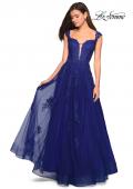 Picture of: Floor Length Cap Sleeve Prom Gown with Lace Detail in Indigo, Style: 27503, Detail Picture 1