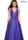 Picture of: Floor Length Mikado Gown with Lace and Rhinestones in Indigo, Style: 27529, Detail Picture 1