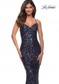 Picture of: Unique Print Sequin Gown with Open Lace Up Back in Indigo, Detail Picture 1