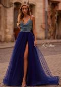 Picture of: A-line Tulle Gown with Draped Mesh Rhinestone Bodice in Indigo , Style: 32838, Detail Picture 1