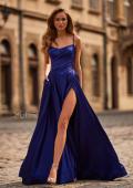 Picture of: A-Line Satin Gown with Draped Bodice, Slit, and Lace-Up Back in Indigo, Style: 33373, Detail Picture 1