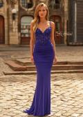 Picture of: Rhinestone Lace Jersey Gown with Ruched Back and Crisscross Straps in Indigo, Style: 33504, Detail Picture 1