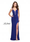 Picture of: Open Strappy Back Long Prom Dress with Deep V in Indigo, Style: 26023, Detail Picture 2