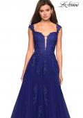 Picture of: Floor Length Cap Sleeve Prom Gown with Lace Detail in Indigo, Style: 27503, Detail Picture 2