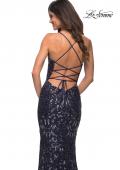 Picture of: Unique Print Sequin Gown with Open Lace Up Back in Indigo, Detail Picture 2