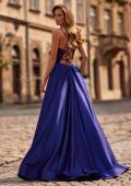 Picture of: A-Line Satin Gown with Draped Bodice, Slit, and Lace-Up Back in Indigo, Style: 33373, Detail Picture 2