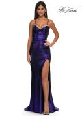 Picture of: Long Metallic Prom Dress with Ruching and Rhinestone Draped Neckline in Indigo, Style: 33032, Detail Picture 3