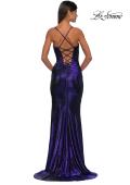 Picture of: Long Metallic Prom Dress with Ruching and Rhinestone Draped Neckline in Indigo, Style: 33032, Detail Picture 4