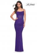 Picture of: Rhinestone Encrusted Net Jersey Gown with Ruching Detail in Blue, Style: 31932, Detail Picture 5