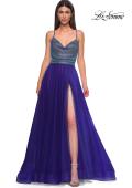 Picture of: A-line Tulle Gown with Draped Mesh Rhinestone Bodice in Indigo , Style 32838, Detail Picture 5