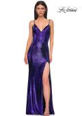 Picture of: Fitted Metallic Jersey Prom Dress with Corset Style Top in Indigo , Style 32877, Detail Picture 5