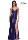 Picture of: Metallic Jersey Dress with Side Ruching and High Slit in Indigo , Style 32884, Detail Picture 5