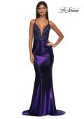 Picture of: Ruched Prom Dress with Metallic Lace and Fabric in Indigo, Style: 33059, Detail Picture 5