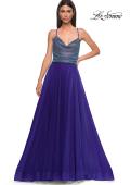 Picture of: A-line Tulle Gown with Draped Mesh Rhinestone Bodice in Indigo , Style 32838, Detail Picture 7
