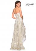 Picture of: Strapless Metallic Floral High Low Prom Dress in Ivory/Gold, Style: 27753, Back Picture