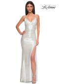 Picture of: Ruched Metallic Jersey Dress with Open Lace Up Back in Ivory , Style 32945, Detail Picture 11